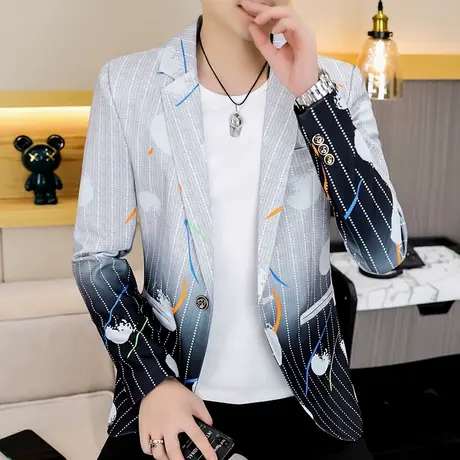 秋季ins休闲西装外套男士韩版潮流痞帅条纹小西服秋装上衣发型师商品大图