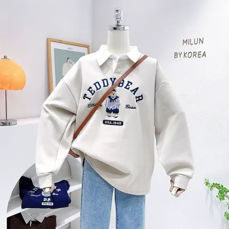 22秋冬款日系复古字母小熊polo领加绒卫衣设计感慵懒休闲加厚上衣商品大图