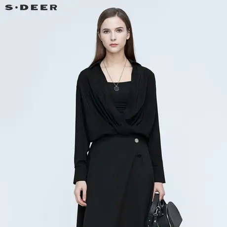 sdeer圣迪奥春秋装休闲V领不规则拼接长袖衬衫女S21180514图片