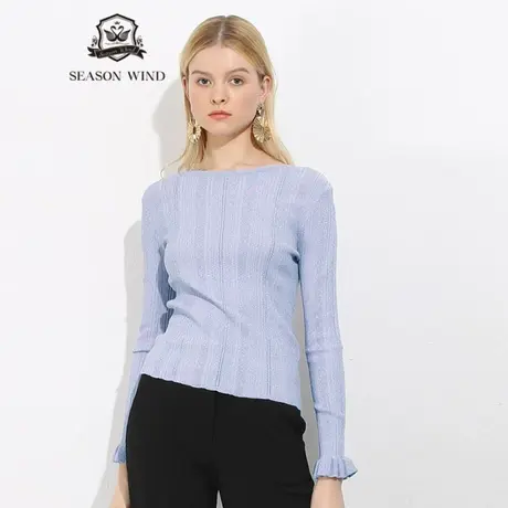 季候风粘胶通勤新款简约修身荷叶袖圆领直筒纯色毛衣女0015TA313图片