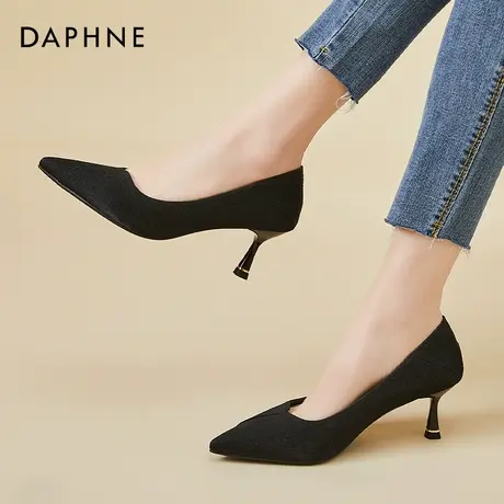 达芙妮高跟鞋2022女年夏季新款尖头细跟黑色小软皮浅口码单鞋34码图片