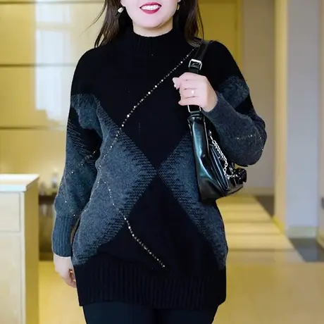 2024春季新款大码女装毛衣黑色胖mm上衣加厚保暖宽松显瘦针织衫潮图片