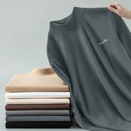 双面德绒打底衫半高领长袖t恤男秋冬季中领印花小衫保暖内搭秋衣商品大图