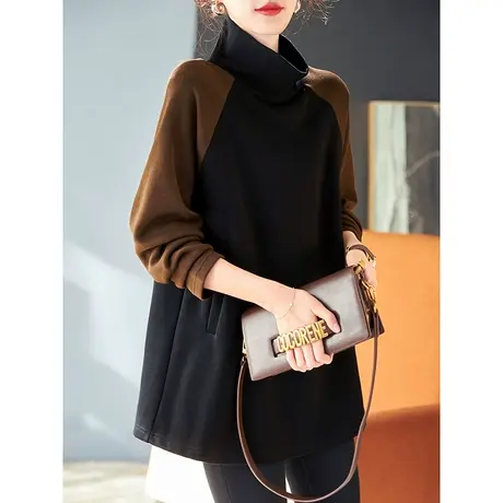 宝诗黎半高领拼接加绒卫衣女宽松长袖套头打底上衣2024春秋季新款商品大图