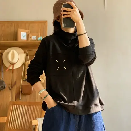 dza 复古高领刺绣纯色拼接加绒卫衣女秋冬内搭休闲上衣长袖外套女图片