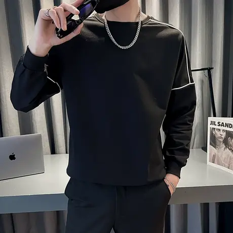 2023秋季潮牌纯色修身套头圆领卫衣个性潮流休闲百搭长袖上衣打底商品大图