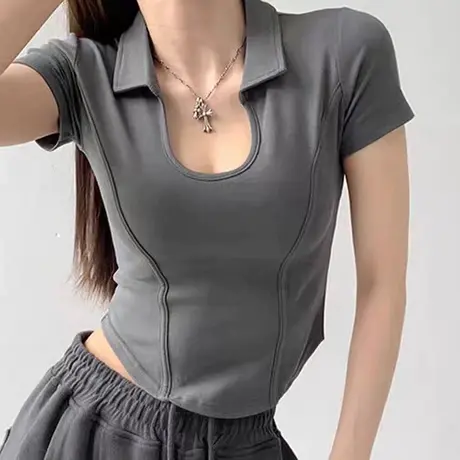 美式鱼骨上衣女高级感修身辣妹内搭U领设计感小众短款短袖t恤夏季商品大图