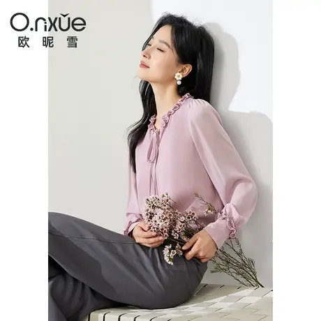 欧昵雪2024春季新款气质木耳边V领减龄雪纺衫女长袖直筒小众上衣图片