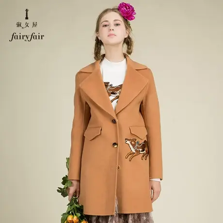 淑女屋秋冬新款中长款呢子决斗大衣女毛呢大衣驼色修身毛呢外套商品大图