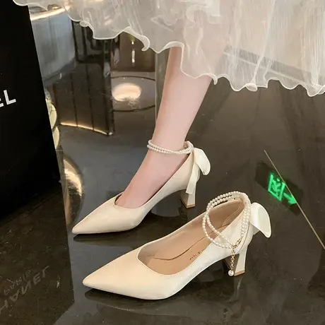 高跟鞋女2024年春季新款蝴蝶结浅口单鞋珍珠百搭粗跟玛丽珍女鞋子商品大图