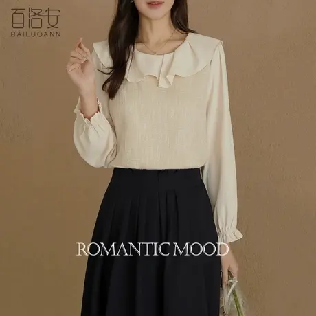 百洛安荷叶边拼接圆领衬衫女2024春新款别致宽松百搭长袖衬衣上衣图片