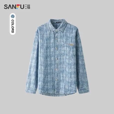 三福2024春季男士金属标牛仔长衬衫 街头潮流翻领上衣男482478商品大图