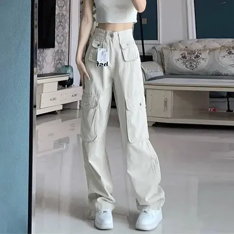 美式工装阔腿裤子女夏季薄款设计感小众高腰宽松慵懒风直筒长裤潮图片