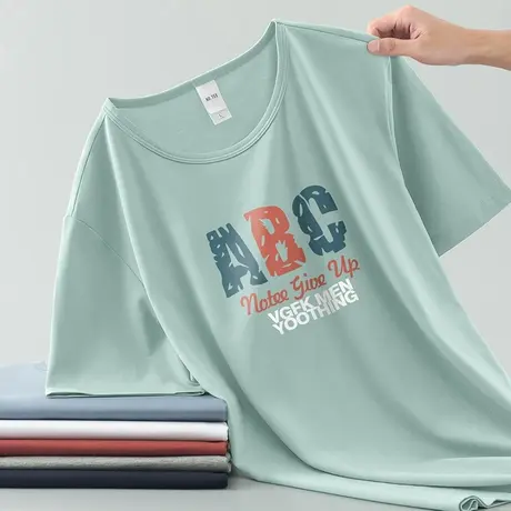 莫代尔冰丝t恤男士短袖夏季半袖凉感速干上衣服潮流印花圆领体恤图片