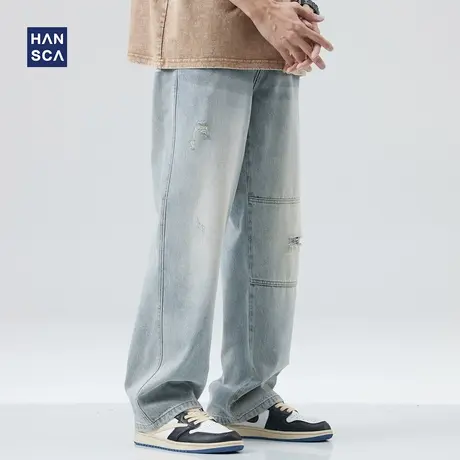 hansca春季破洞牛仔裤男潮牌美式高街痞帅青少年直筒宽松水洗长裤商品大图