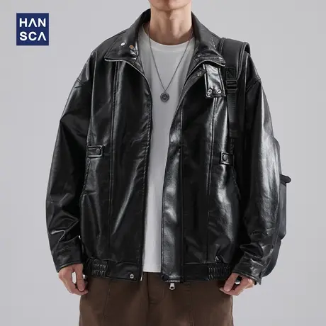 hansca皮衣外套男秋冬款2023新款黑色美式复古痞帅高级感机车夹克商品大图