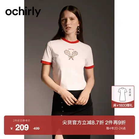 【新降】欧时力 正肩短袖t恤女2023新款夏装短款运动风美式复古商品大图