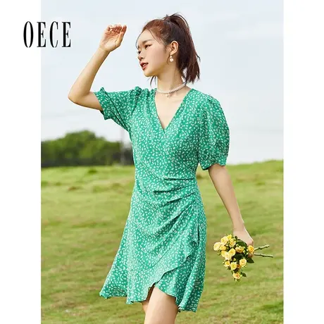 Oece复古碎花裙夏季新款女仙气绿色裙子V领收腰连衣裙图片
