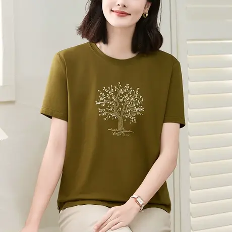 纯棉短袖t恤女2024年新款时尚洋气中年妈妈夏装上衣重工刺绣体恤商品大图