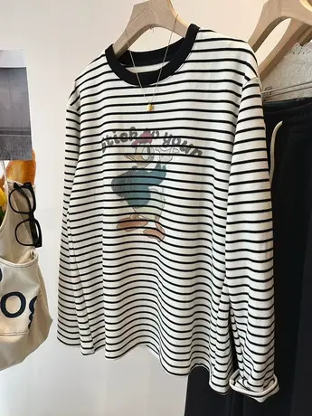 韩国质感 卡通唐老鸭双面德绒加厚磨毛条纹长袖T恤女 中长打底衫图片