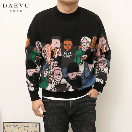 DAEVU冬新款卡通人大号潮胖子加肥加大码男士长袖圆领毛衣针织衫商品大图