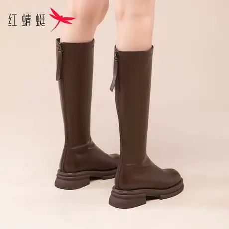 红蜻蜓棕色长筒靴加绒长靴女2023秋季新款休闲潮小个子靴子高筒靴商品大图