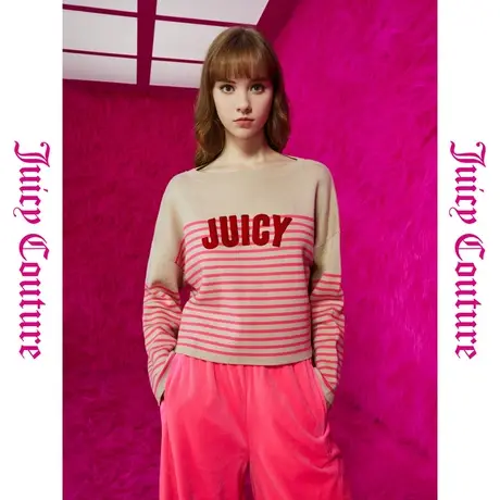 Juicy Couture橘滋初秋冬新款莓果千层绣花撞色条纹女式毛衣商品大图