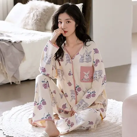 婷美秋冬款睡衣女士纯棉开衫长袖可爱卡通春秋季可外穿家居服套装图片