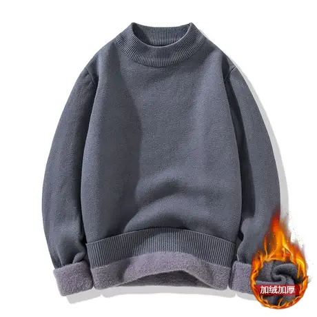 冬季一体绒中领半高领毛衣男加绒加厚款潮流纯色打底针织衫毛线衣商品大图