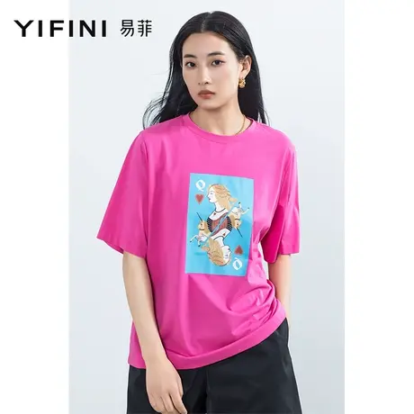 Yifini/易菲宽松针织印花百搭T恤女2023夏季新款圆领短袖时尚上衣商品大图
