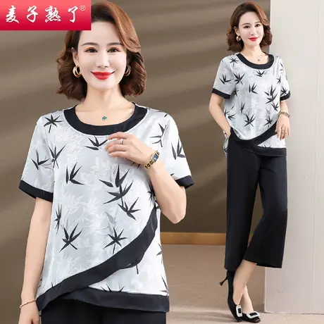 妈妈夏装短袖套装洋气时尚T恤大码显瘦小衫宽松气质中老年女装商品大图