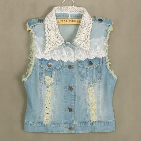 牛仔马甲女短款修身韩版新款春秋无袖外套背心破洞马夹蕾丝夏08商品大图