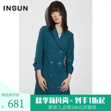 恩裳COVER2023早春新款气质深海蓝立体收腰剪裁双排扣西装连衣裙图片