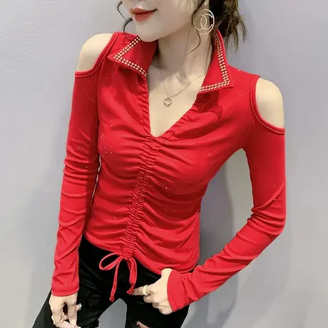 时尚抽绳V领T恤女长袖秋装设计感小众上衣性感露肩打底衫内搭外穿图片