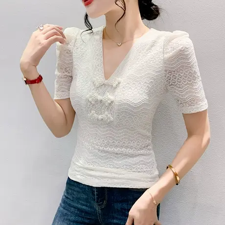 欧货气质蕾丝上衣女短袖纯色百搭修身小衫时尚性感V领雷丝T恤夏装商品大图