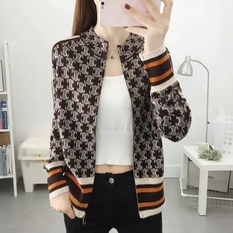 复古小香风针织开衫女秋装2023年新款圆领短款长袖棒球服外套洋气商品大图