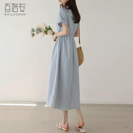 百洛安设计感小众连衣裙女2023夏装简约圆领短袖抽绳系带a字长裙图片