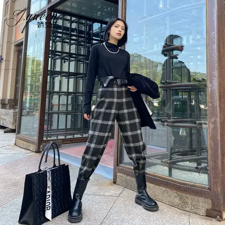 毛呢格子裤女冬季新款加厚保暖宽松显瘦休闲小脚裤复古高腰哈伦裤商品大图