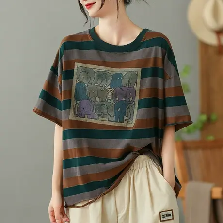 dza条纹纯棉短袖T恤女2023夏季薄款圆领打底体恤宽松显瘦套头上衣商品大图