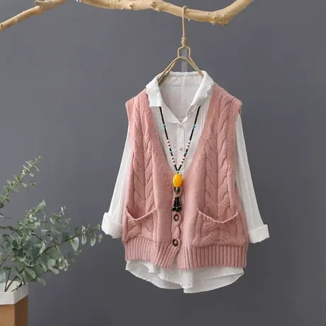 秋季新款麻花针织马夹女短款V领无袖开衫毛衣宽松外套坎肩背心潮商品大图