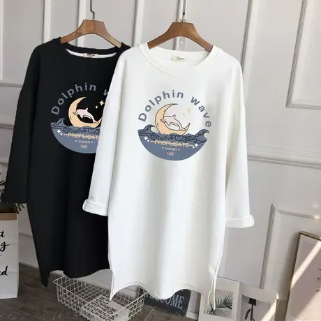 中长款长袖T恤女韩版纯棉上衣2022秋装时尚新款大码女装宽松百搭商品大图