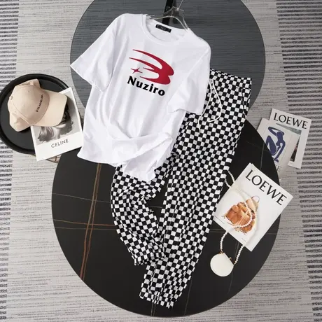 纯棉运动服套装跑步女夏季薄款短袖长裤小个子时尚洋气休闲两件套商品大图