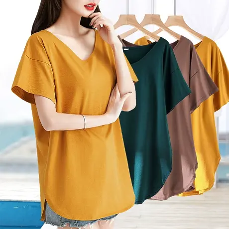 纯色短袖t恤女春夏季新款设计感小众弧形下摆上衣百搭半袖v领体恤图片