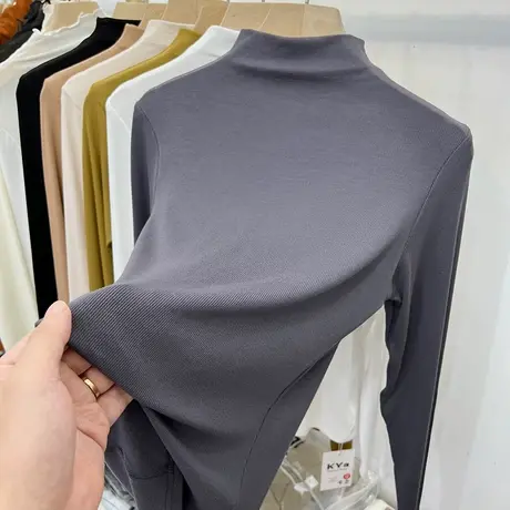 欧货薄绒半高领螺纹长袖T恤女2022秋冬新款纯色内搭打底小衫上衣商品大图