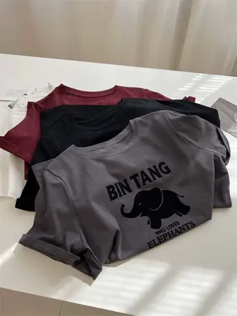 韩版复古深灰色大象植绒印花圆领短袖t恤女宽松盐系可爱减龄上衣商品大图