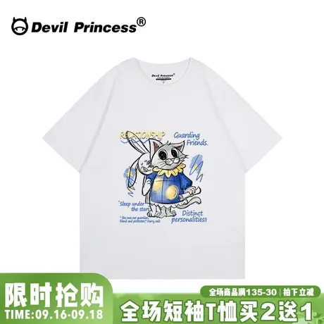 vintage小众设计感卡通涂鸦印花白色正肩短袖t恤女宽松超火上衣夏图片