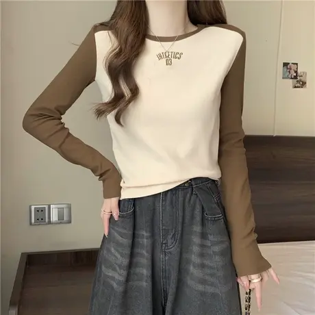 小个子短款插肩撞色长袖T恤女春秋修身显瘦洋气上衣内搭打底小衫商品大图