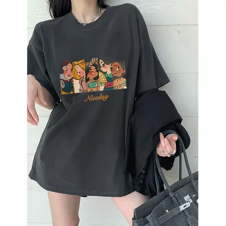 灰色t恤女美式复古潮牌短袖hiphop大码纯棉ins酷夏季洋气大码上衣图片