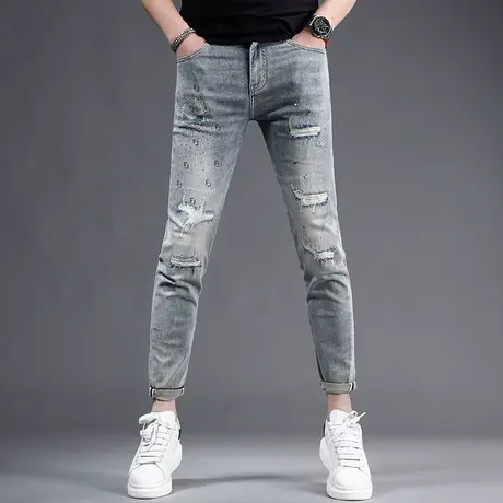 高街破洞补丁牛仔裤男夏季新款潮牌修身小脚个性潮流男士弹力裤子商品大图