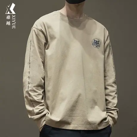 希越咖色套头内搭小衫男纯棉长袖T恤男士宽松大码薄款卫衣秋冬款商品大图